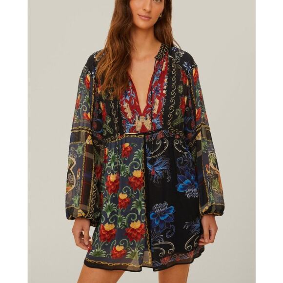 Farm Rio Black Mixed Arabesque Scarves Long Sleeve Mini Dress Size XS NWT Chic - Picture 9 of 16